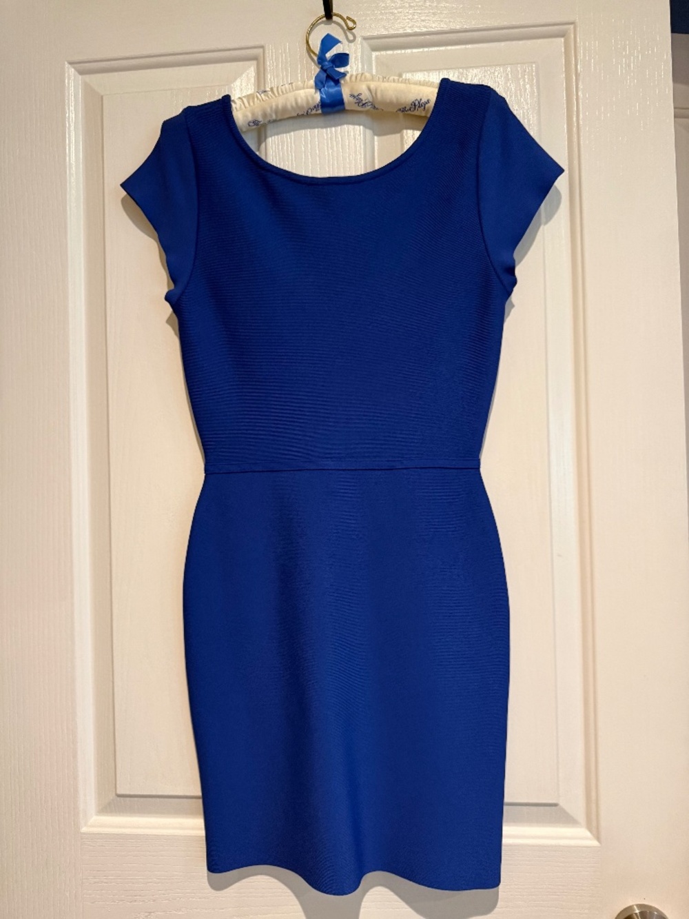 BCBG MaxAzria cobalt blue rayon/spandex dress.  Cap sleevers, scoop neck, small.